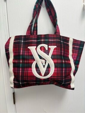 Victoria's Secret Red and Green Plaid Tote with White SV Logo